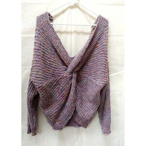 Main Strip Womens Sweater Large Lavendar Purple Knotted Front Mini Pom Pom